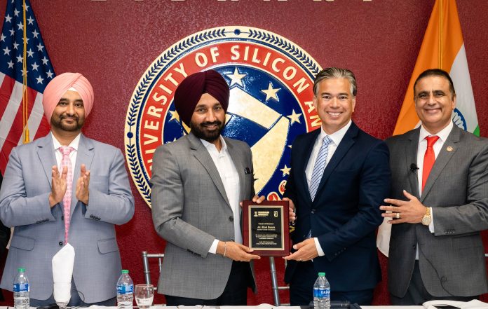 California Attorney General Rob Bonta along with NID Foundation Founder & IMF Convener Satnam Singh Sandhu; Pannu Dental Group CEO Dr. Dalvir Singh Pannu and Eminent Entrepreneur Joe Johal during the Round Table Conference on ‘India-US Partnership- A key to New World Tech Order’ at San Jose