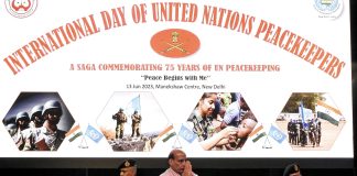 New Delhi: Defence Minister Rajnath Singh addresses at the 75th anniversary of 'UN Peacekeepers Day', in New Delhi, Tuesday, June 13, 2023. (Photo:IANS/Anupam Gautam)