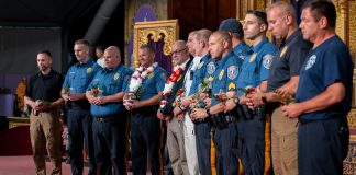 During the program, public servants such as police officers, firefighters, and elected officials were honored for their dedication to protecting and serving their communities during a special event themed ‘My County, My Duty,’ at the BAPS Swaminarayan Akshardham in Robbinsville, New Jersey
