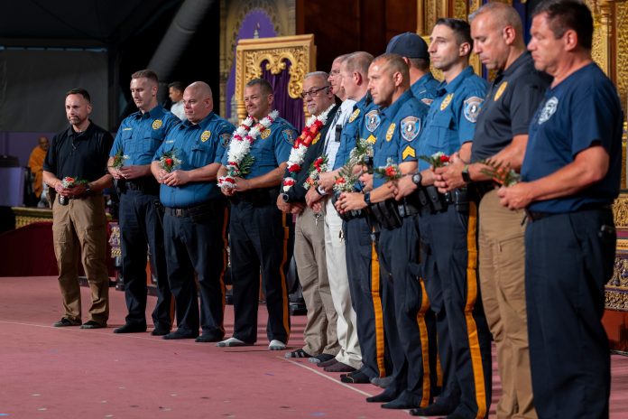 During the program, public servants such as police officers, firefighters, and elected officials were honored for their dedication to protecting and serving their communities during a special event themed ‘My County, My Duty,’ at the BAPS Swaminarayan Akshardham in Robbinsville, New Jersey