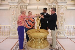 US congressional delegation offering abhishek, a sacred tradition of pouring sanctified water as a call for peace and best wishes, acknowledging their respect for Indian customs and traditions.