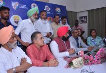 Punjab Education Minister Harjot Singh Bains, flanked by AIFF’s office-bearers, interacting with media. Former Punjab minister and AAP stalwart Joginder Singh Mann, Phagwara Improveme