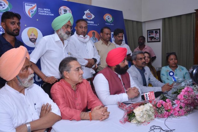 Punjab Education Minister Harjot Singh Bains, flanked by AIFF’s office-bearers, interacting with media. Former Punjab minister and AAP stalwart Joginder Singh Mann, Phagwara Improveme
