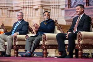 New Jersey Mayors and Robbinsville Mayor Fried on the stage to commemorate community unity at BAPS Swaminarayan Akshardham, Robbinsville, NJ