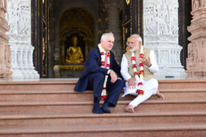 Prime Minister of India, Narendra Modi, and former Prime Minister of Australia, Malcolm Turnbull, on the steps of Akshardham, New Delhi, 2017