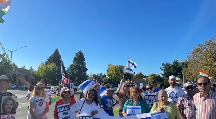 Bay Area Hindu Americans express solidarity with Israel after Hamas terror attacks FOG Members and others with Israel flag