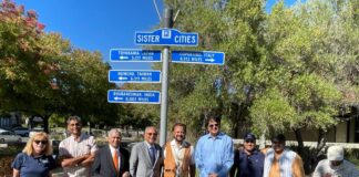 (left to right) Santa Clara Councilmember Kathy Watanabe (first on left), Krishna Srinivasa (third from left), Ramesh Kapoor, Dr. Romesh Japra, Mahesh Pakala, Sai Nagarajan and Satish Vale (second from right)