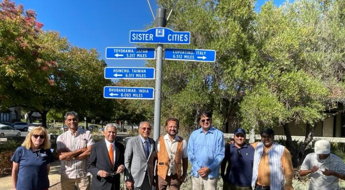 Bittersweet moments – tribute to a community hero and celebration of Governor’s veto of SB 403 (left to right) Santa Clara Councilmember Kathy Watanabe (first on left), Krishna Srinivasa (third from left), Ramesh Kapoor, Dr. Romesh Japra, Mahesh Pakala, Sai Nagarajan and Satish Vale (second from right)