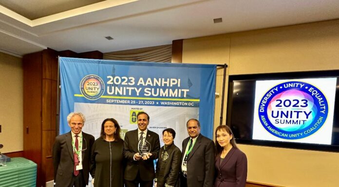 Asian American Unity Coalition hosts Unity Summit in Washington Rep. Raja Krishnamoorthi (IL-8) receives the prestigious Dilip Singh Saund Award for Political Leadership, recognizing his exemplary commitment to advancing the interests of AANHPI communities in Congress, during the Unity Summit in Washington, Sept. 26, 2023.