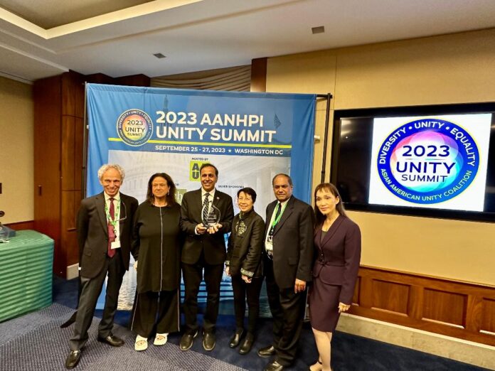 Rep. Raja Krishnamoorthi (IL-8) receives the prestigious Dilip Singh Saund Award for Political Leadership, recognizing his exemplary commitment to advancing the interests of AANHPI communities in Congress, during the Unity Summit in Washington, Sept. 26, 2023.