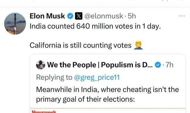 India counted 640 m votes in one day: Elon Musk on “tragic” delay in California results California