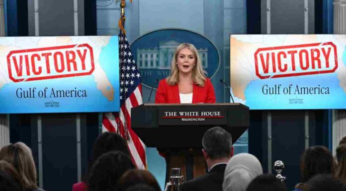 White House briefing room TV screens display “Victory” and “Gulf of America” White House