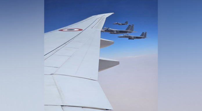 PM Modi’s aircraft escorted by F15s of Royal Saudi Air Force in the Saudi airspace F15
