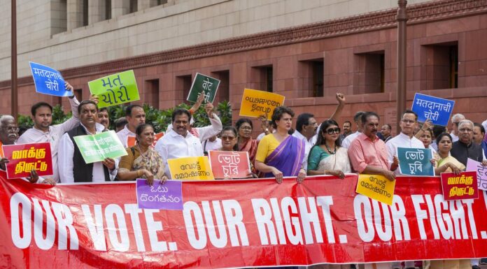 INDIA Bloc intensifies protest against “vote theft” allegations, SIR outside parliament building INDIA Bloc