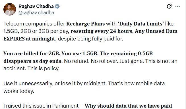 Raghav Chadha demands rollover of unused mobile data, its transfer among users Raghav Chadha