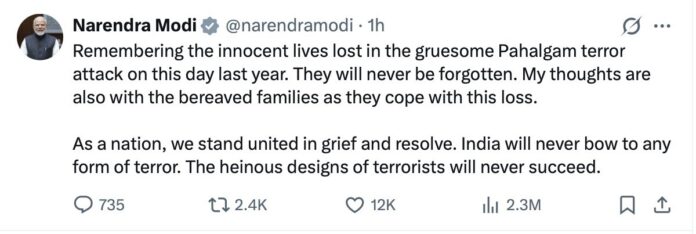 PM Modi on first anniversary of Pahalgam terror attack Pahalgam