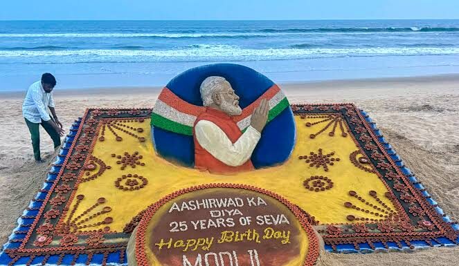 Sudarsan Pattnaik creates 25-foot sand art with 2,500 diyas for PM Modi’s 76th birthday Sudarsan Pattnaik